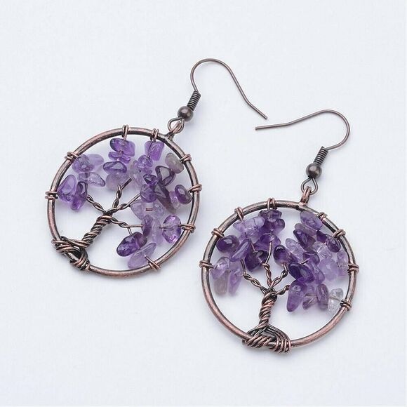 Rustic Antique Copper Amethyst Tree of Life Gemstone Beads Dangle Earrings - Picture 1 of 1